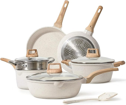 CAROTE Pots and Pans Set Nonstick, White Granite Induction Kitchen Cookware Set, 16 Pcs Non Stick Cooking Set w/Frying Pans & Saucepans(PFOS, PFOA Free)