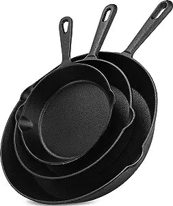 Utopia Kitchen Pre Seasoned 3 Piece Cast Iron Skillet Set, Includes Saute Fry Pan with Nonstick Coating in Black